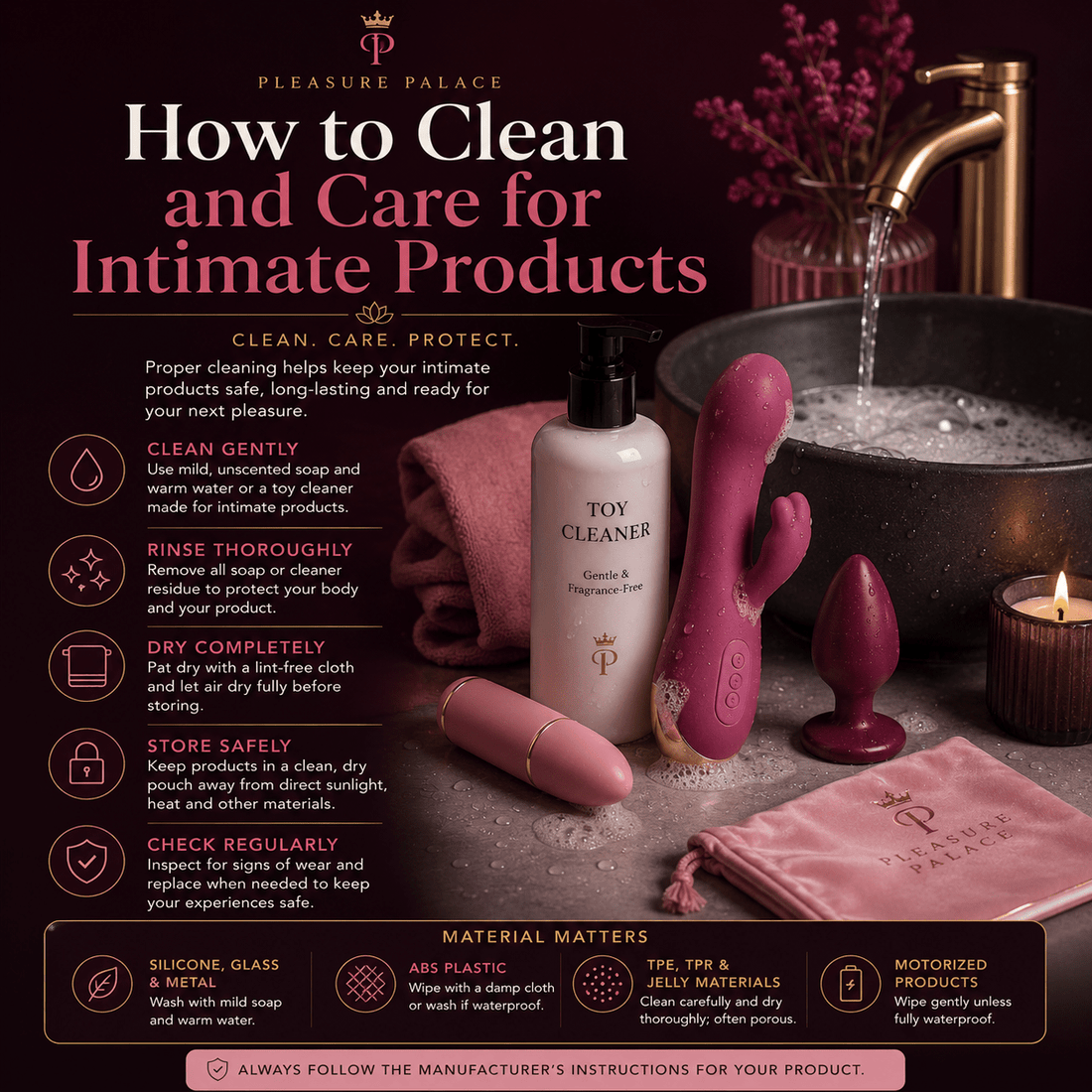 Elegant intimate product cleaning essentials arranged on a luxurious pink background.