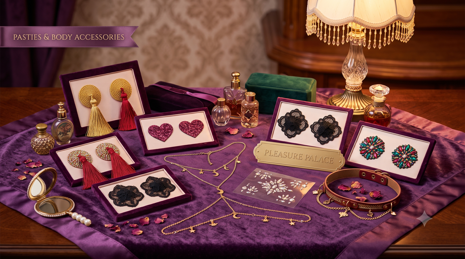 A luxurious tabletop display of decorative pasties, gold body chains, and intimate accessories arranged on rich purple velvet.