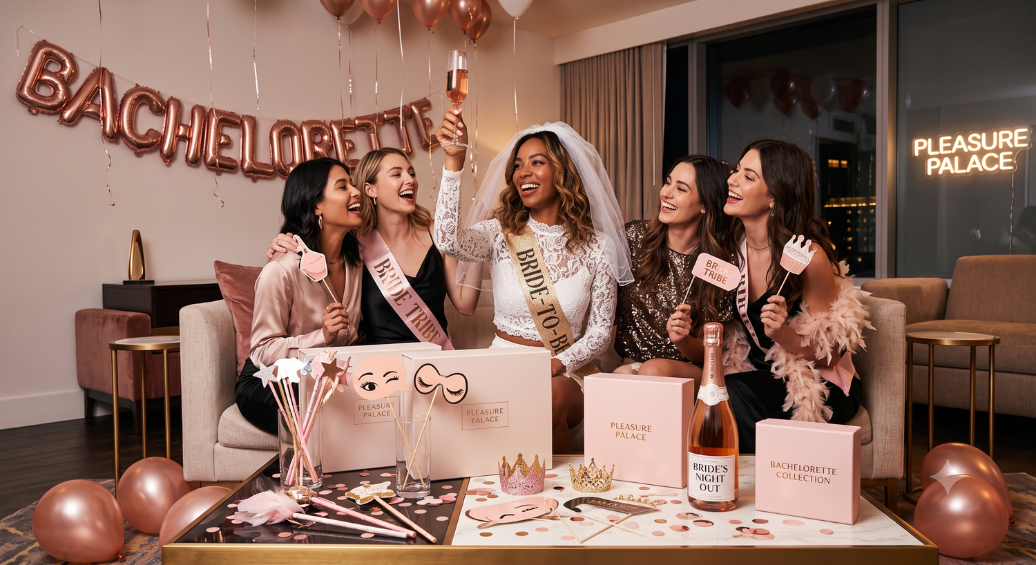A group of five joyful women celebrating a bachelorette party in a hotel suite, surrounded by decorations, champagne, and Pleasure Palace product boxes.