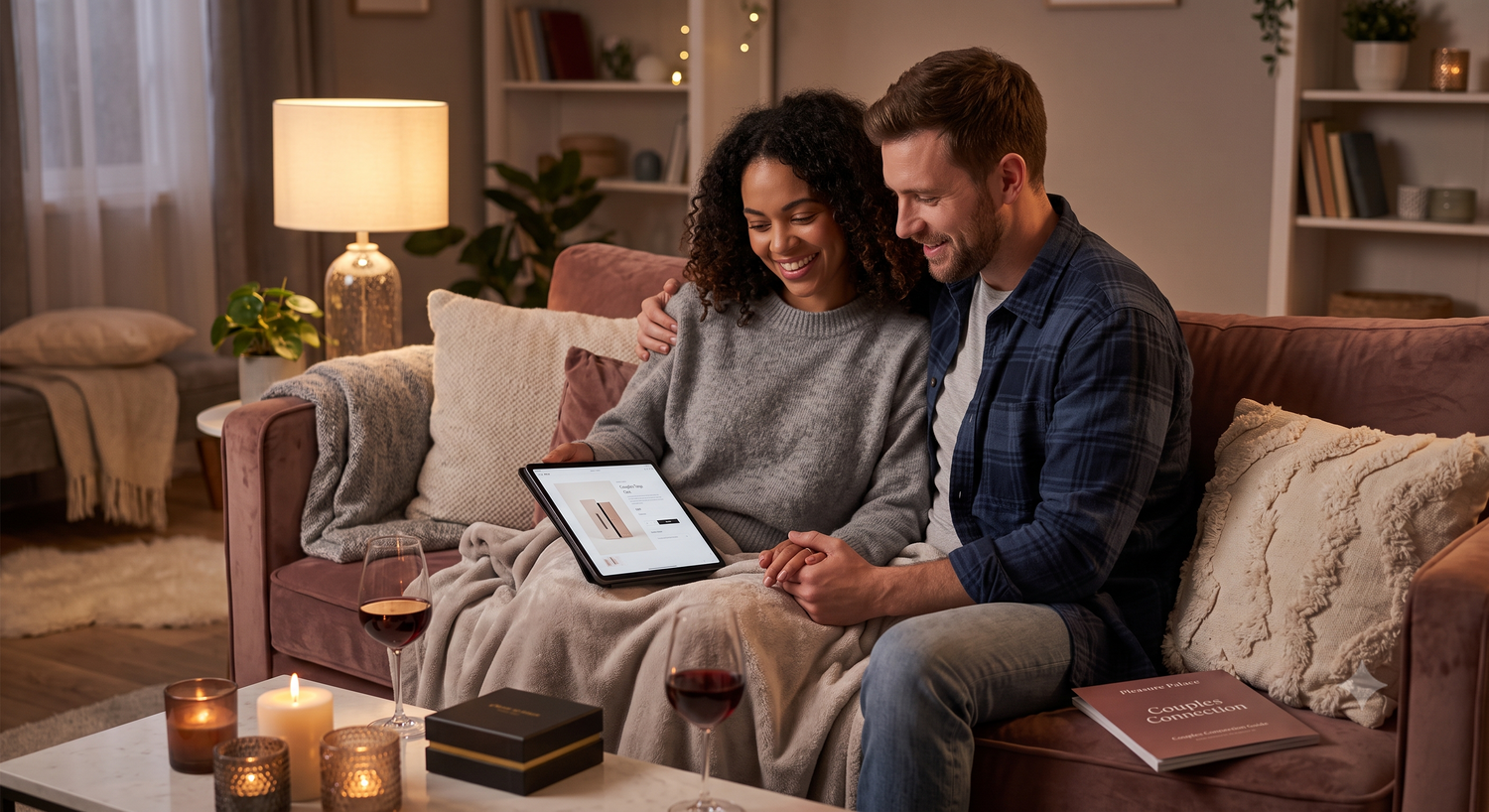 A diverse couple sits intimately on a plush sofa under a blanket, smiling while holding a tablet and browsing products online together.