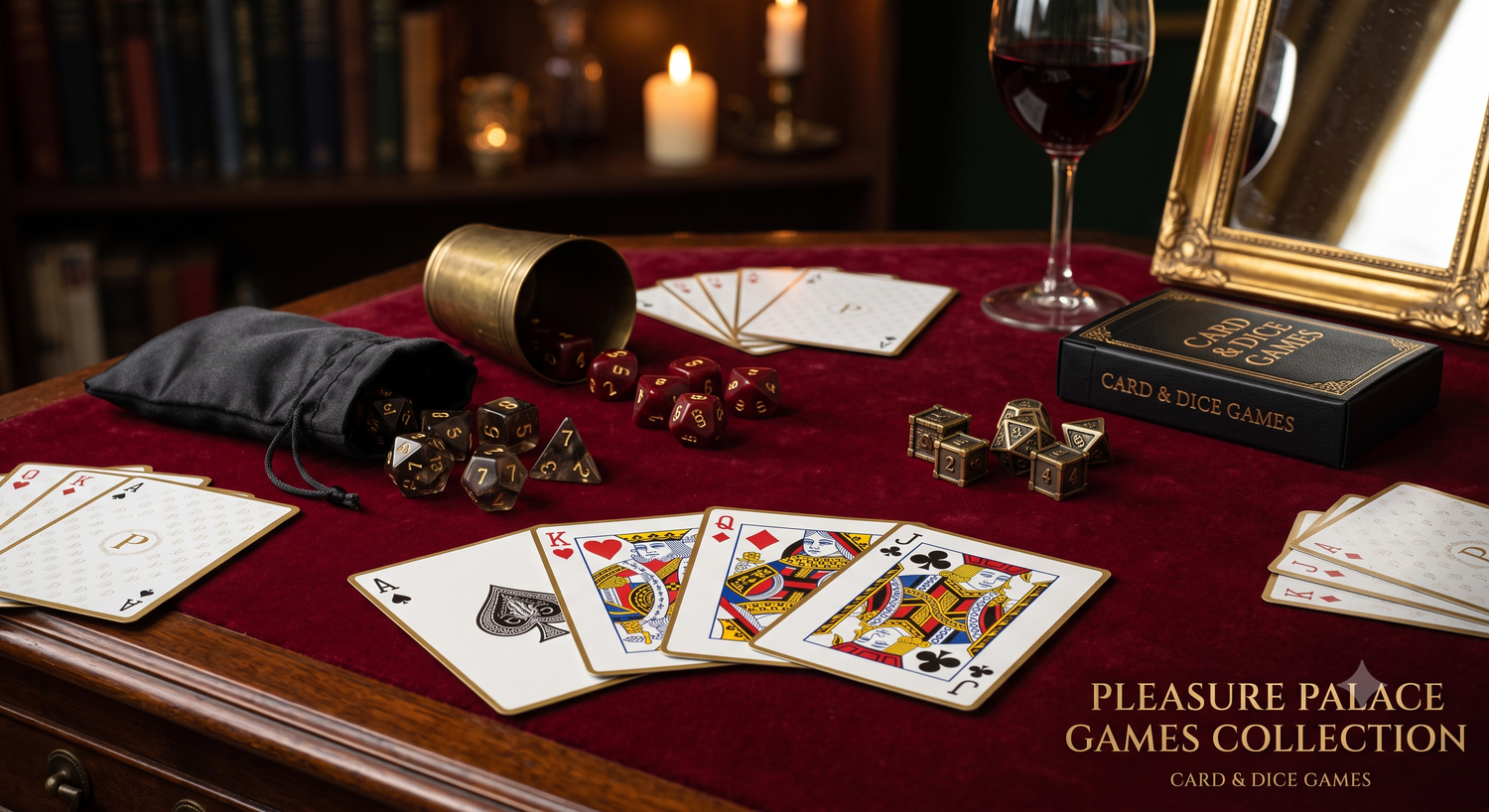 A close-up view of fanned playing cards, spilled multi-colored and metallic dice, a brass cup, a wine glass, candles, and a gold 'Pleasure Palace' logo and text.