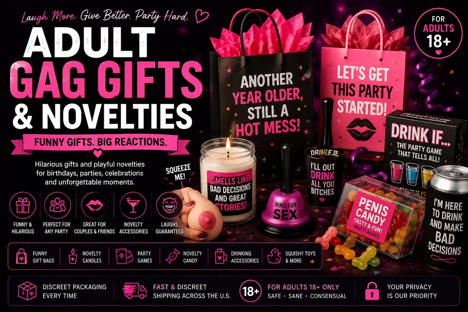 Gag gifts and novelties collection banner featuring party games, candles, gift bags, and playful adult-themed accessories