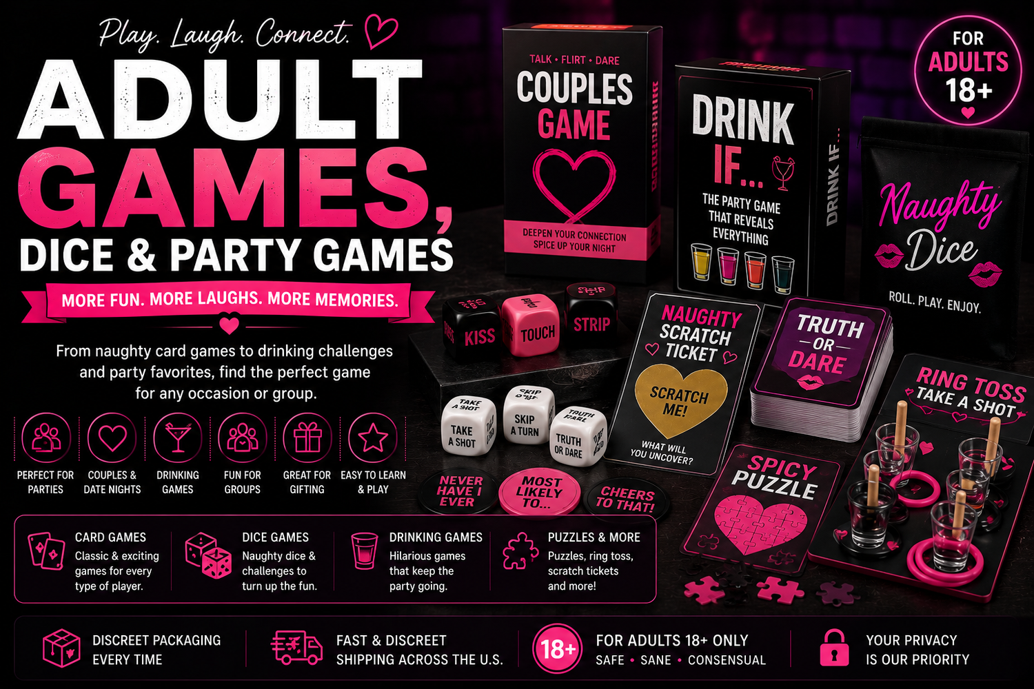 Adult games collection featuring card games, naughty dice, drinking games, puzzles and couples’ party activities.