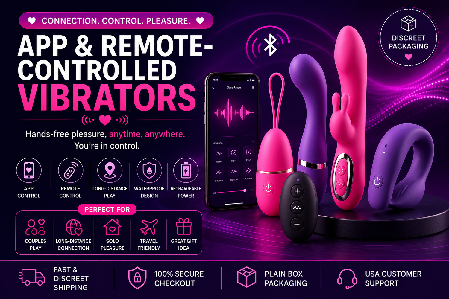 App and remote-controlled vibrators collection banner featuring pink and purple devices, smartphone controls, rechargeable power, waterproof design, and discreet packaging.