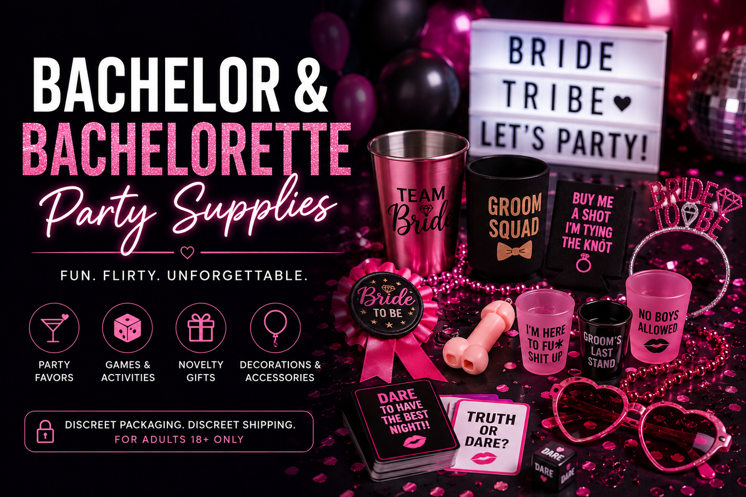 Bachelor and bachelorette party supplies featuring games, decorations, novelty gifts and party favors.