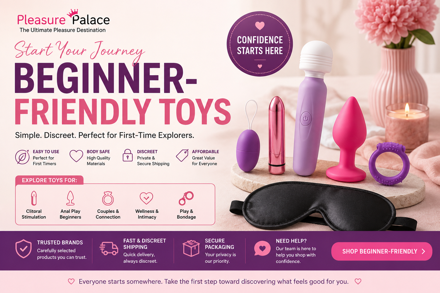 Beginner-friendly toys featuring compact vibrators, a soft plug, couples ring, and satin blindfold in a pastel setting.