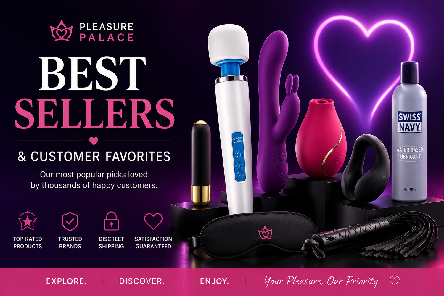 Best Sellers collection featuring wand massagers, vibrators, couples toys, lubricant, and bondage accessories at Pleasure Palace.