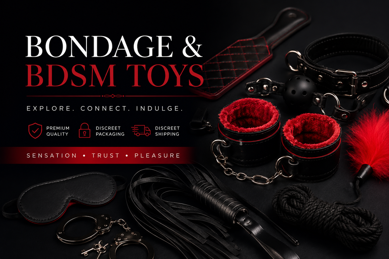 Bondage and BDSM toys collection featuring cuffs, paddle, flogger, collar, blindfold, and rope.