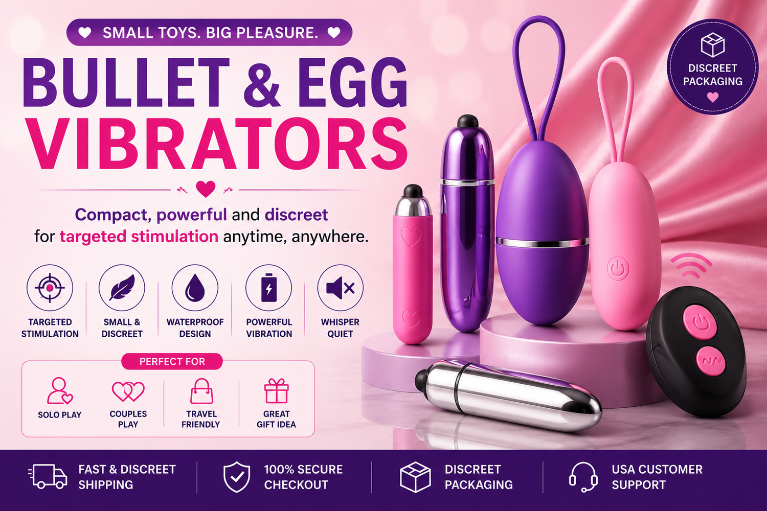 Bullet and egg vibrators collection banner featuring compact pink, purple, and silver devices with waterproof, quiet, remote-controlled, and discreet packaging benefits.
