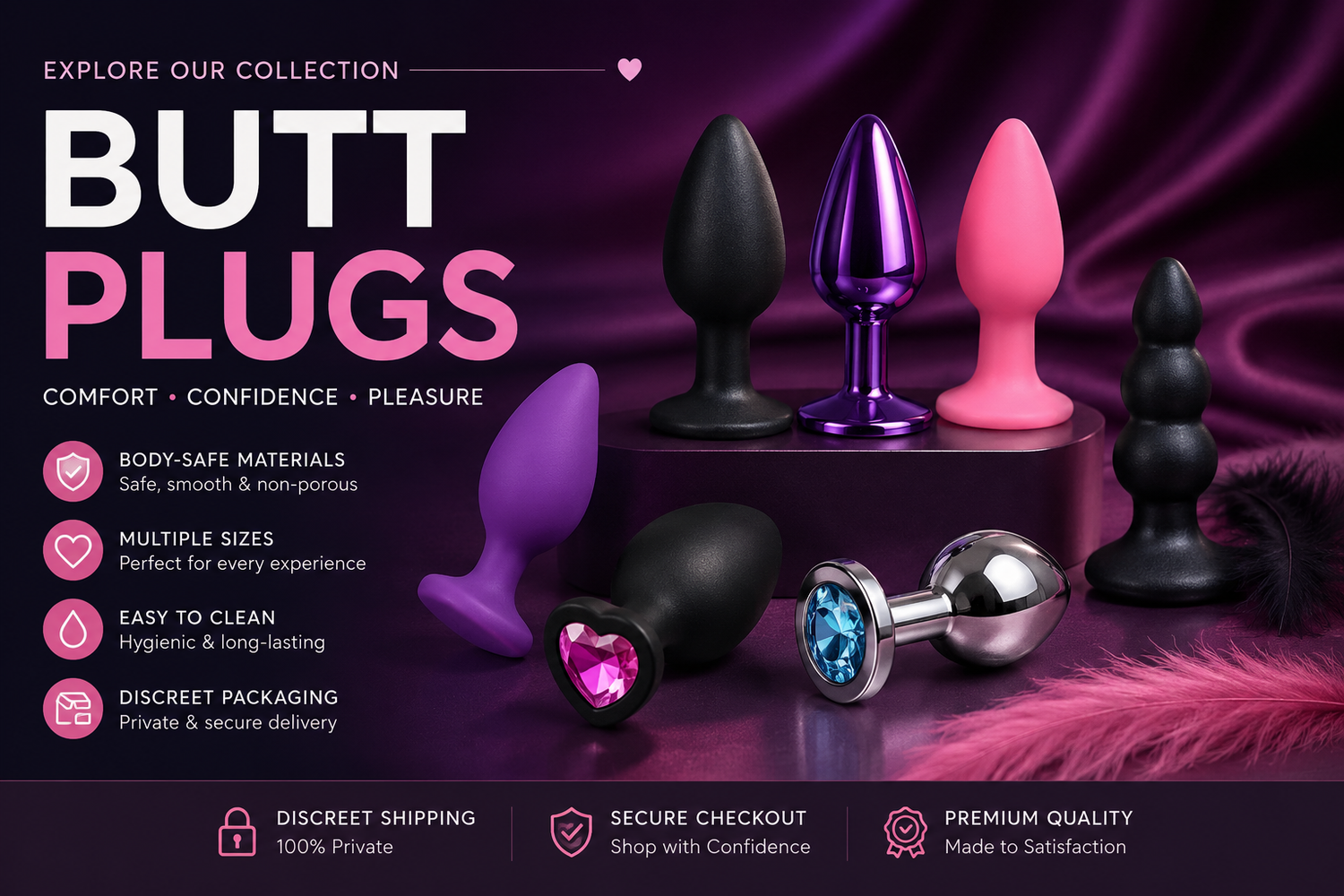 Purple luxury collection banner featuring silicone, metal, jeweled, and textured butt plugs in multiple sizes with discreet shopping highlights.
