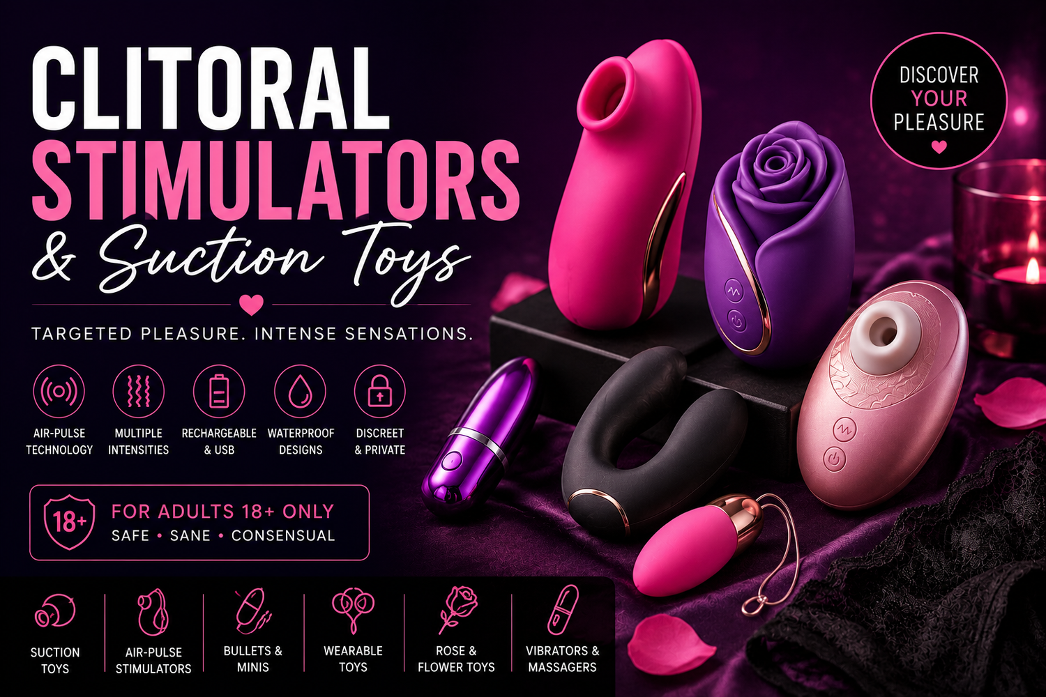 Clitoral stimulators and suction toys featuring air-pulse massagers, vibrating bullets, wearable toys and rose-style stimulators.