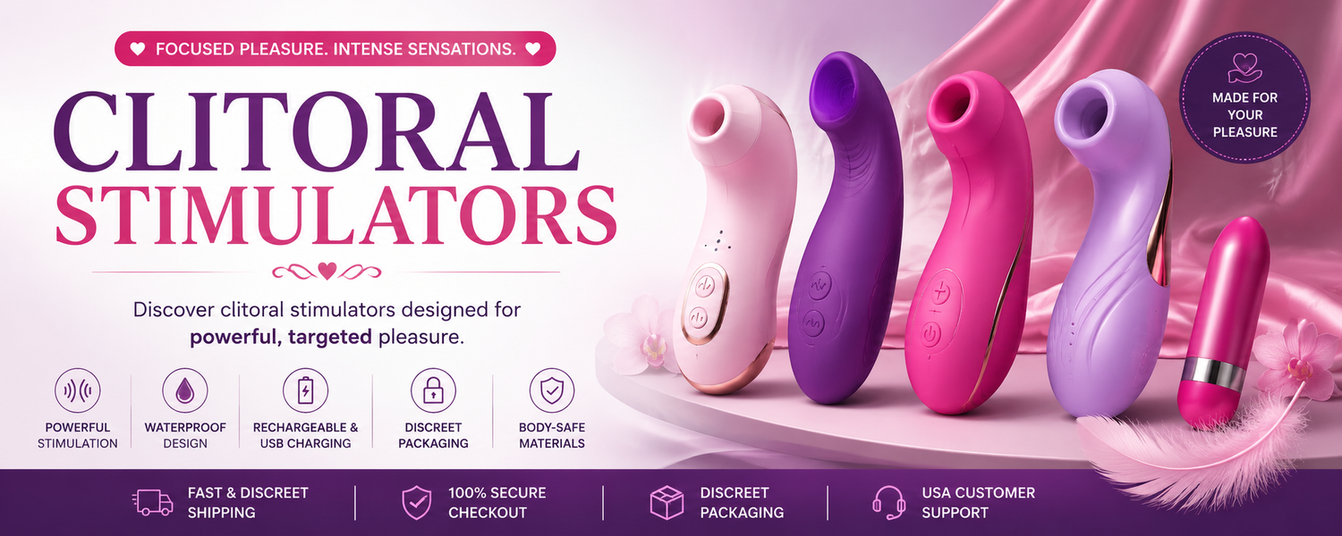 Clitoral stimulators collection banner featuring pink and purple rechargeable pleasure devices with discreet shipping and secure checkout benefits.