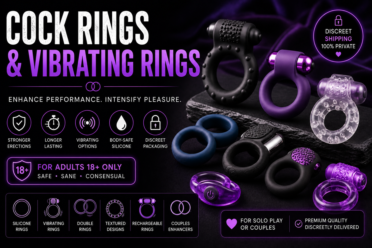 Cock rings and vibrating rings collection featuring silicone, adjustable, double-ring and rechargeable designs.