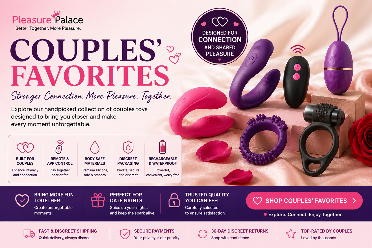 Couples’ favorite toys featuring wearable vibrators, remote-controlled rings, app-enabled devices, and intimate accessories for shared pleasure.