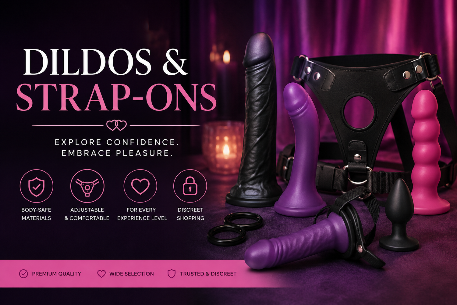 Dildos and strap-ons collection banner featuring harnesses, intimate toys, and discreet pleasure accessories.