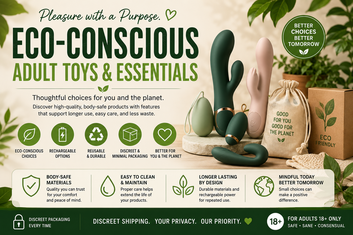 Eco-conscious adult toys and intimate essentials featuring reusable and rechargeable product options.