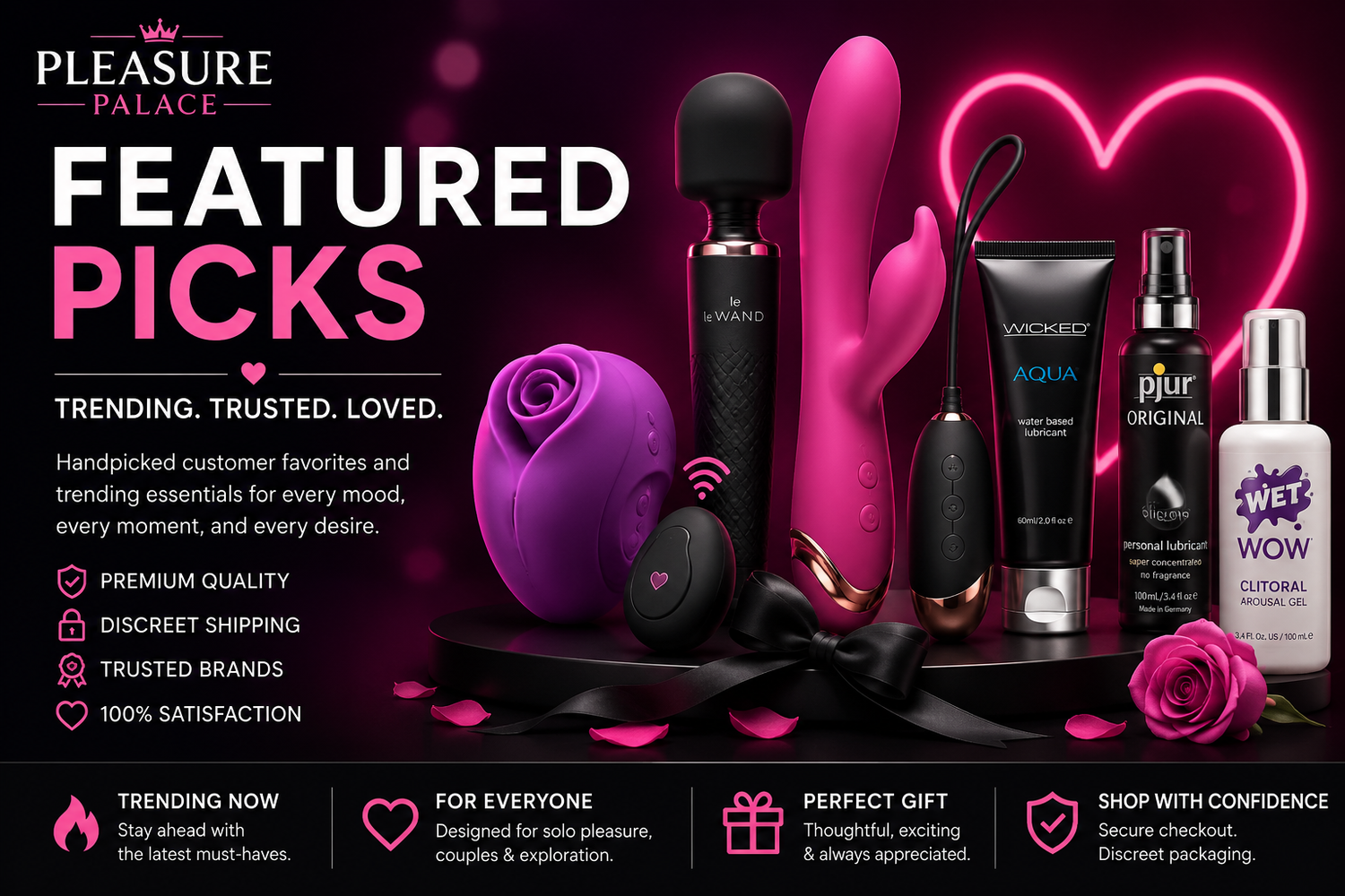 Featured Picks collection featuring trending adult toys, wand massagers, couples products, lubricants, and intimate wellness essentials from Pleasure Palace.
