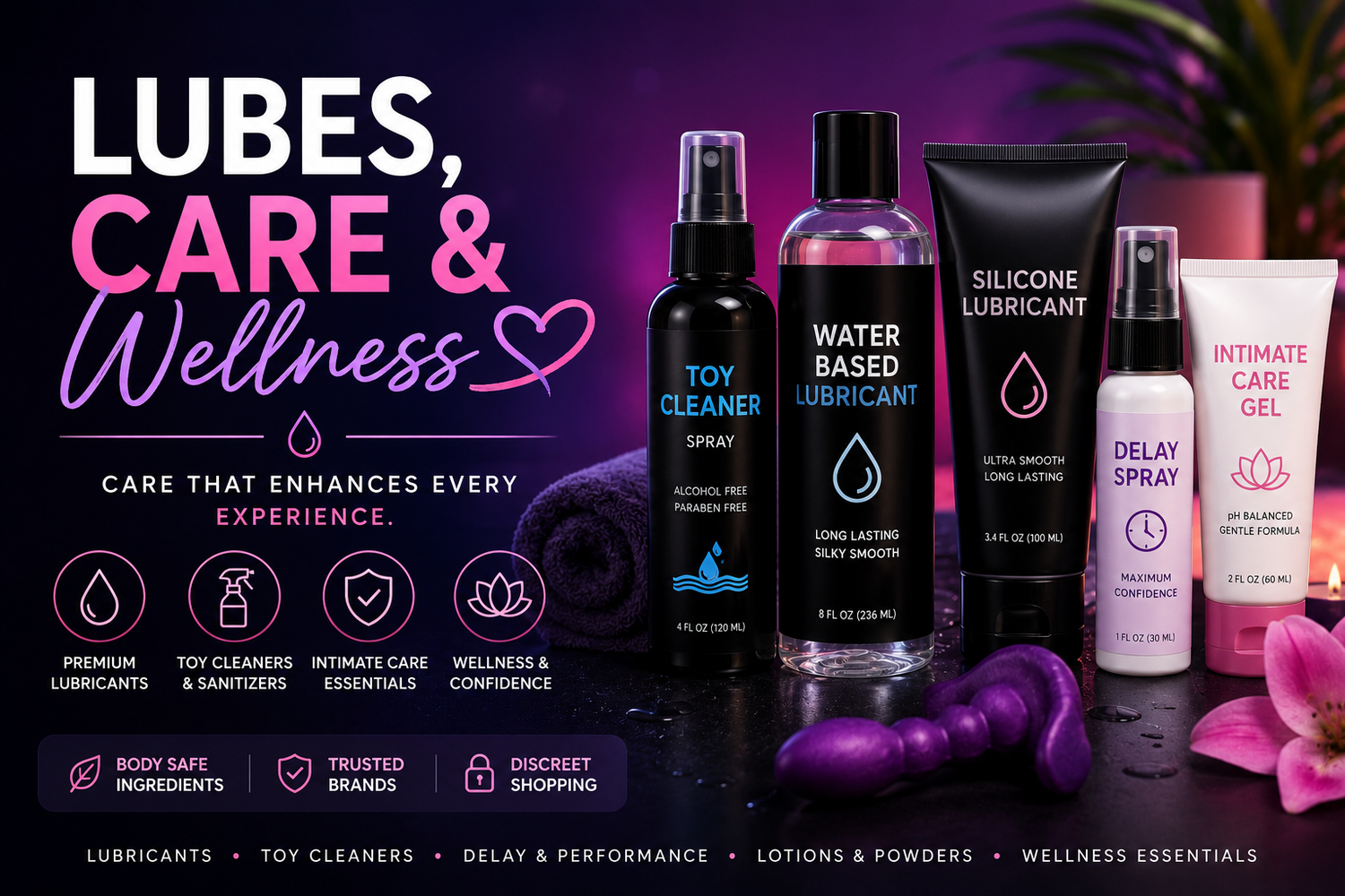 Lubes, care, and wellness collection banner featuring lubricants, toy cleaners, sprays, and intimate care products