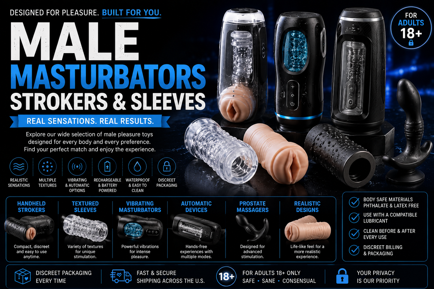 Penis extensions and sleeves featuring realistic, textured, vibrating, open-ended and adjustable designs.