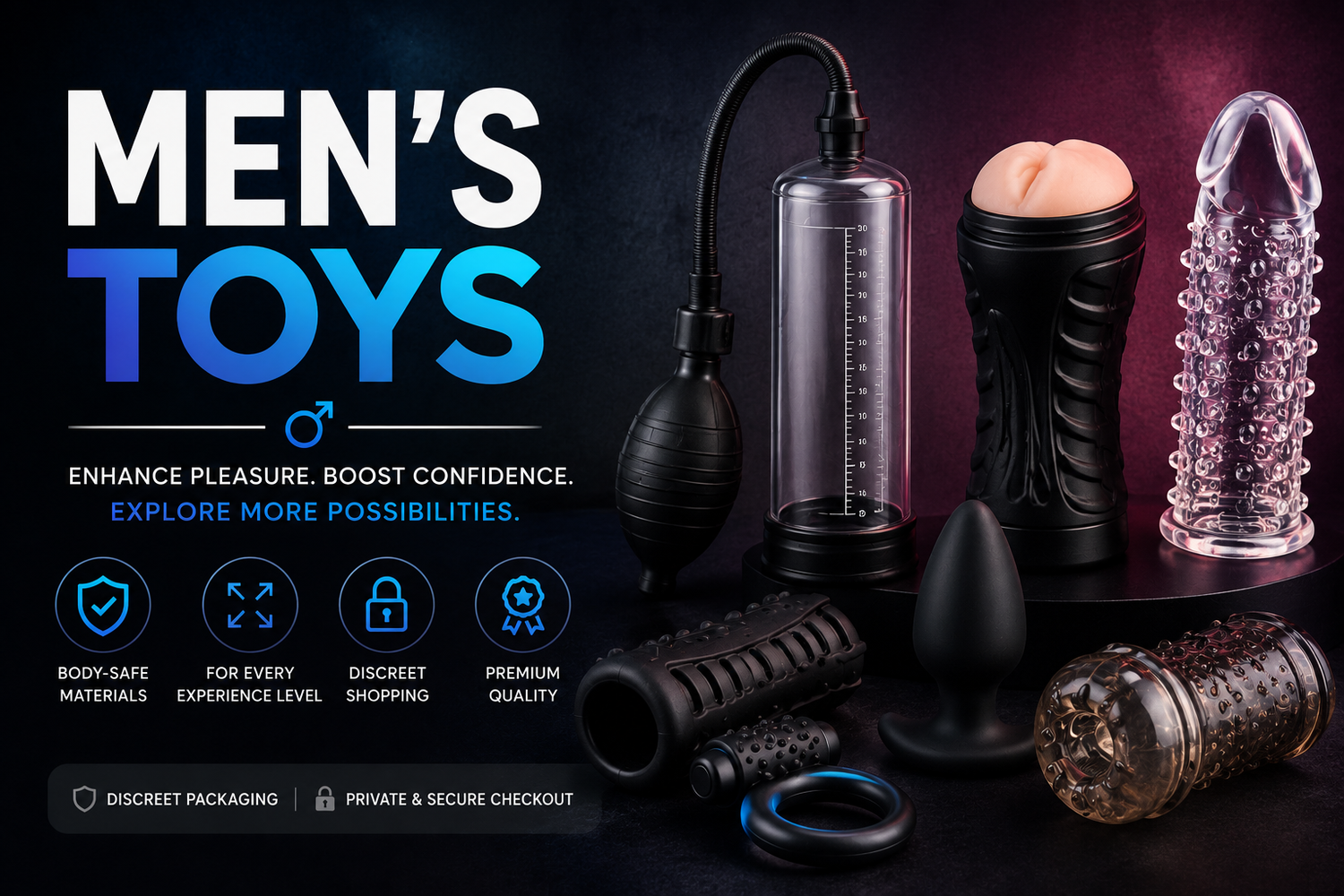 Men’s toys collection banner featuring pumps, sleeves, stimulators, and intimate accessories