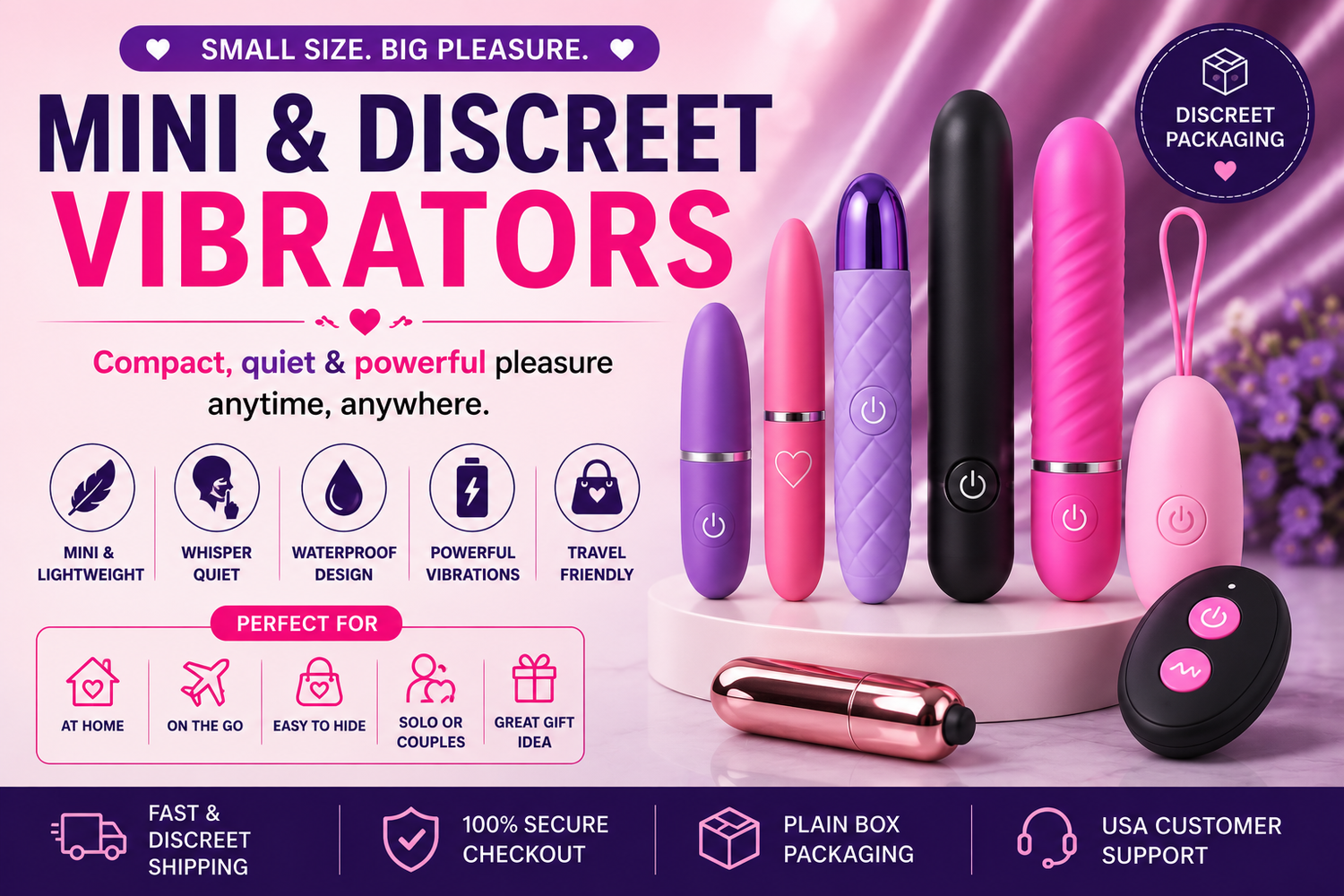 Mini and discreet vibrators collection banner featuring compact pink, purple, black, and silver devices with quiet, waterproof, travel-friendly, and discreet packaging benefits.