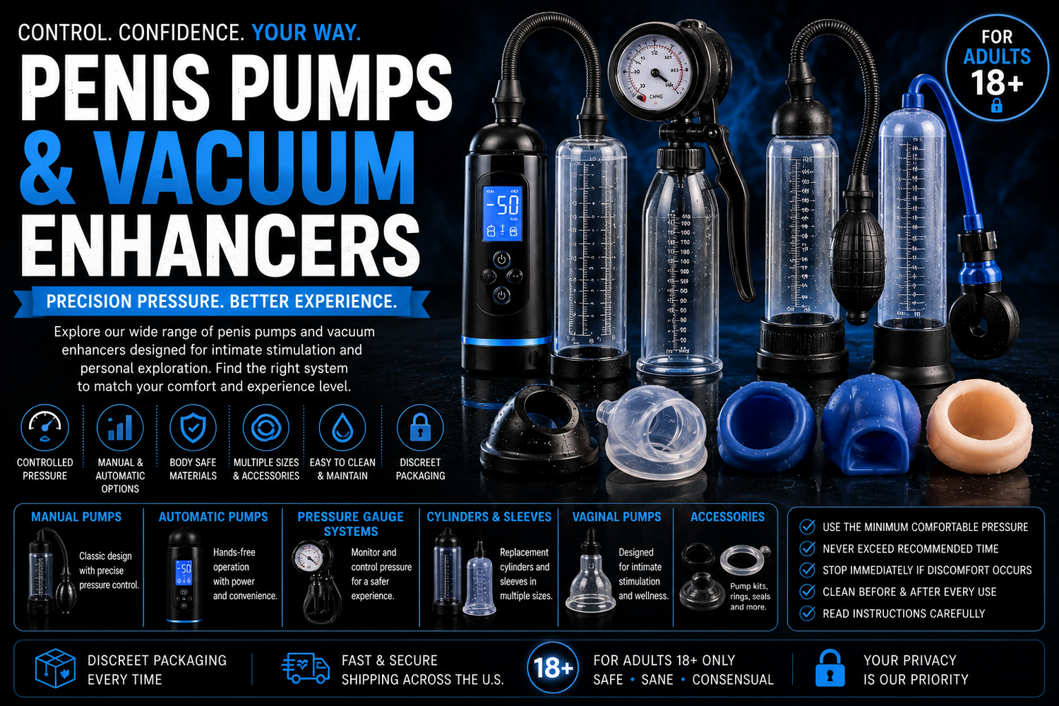 Penis pumps and vacuum enhancers featuring manual, automatic, pressure-gauge and rechargeable designs.