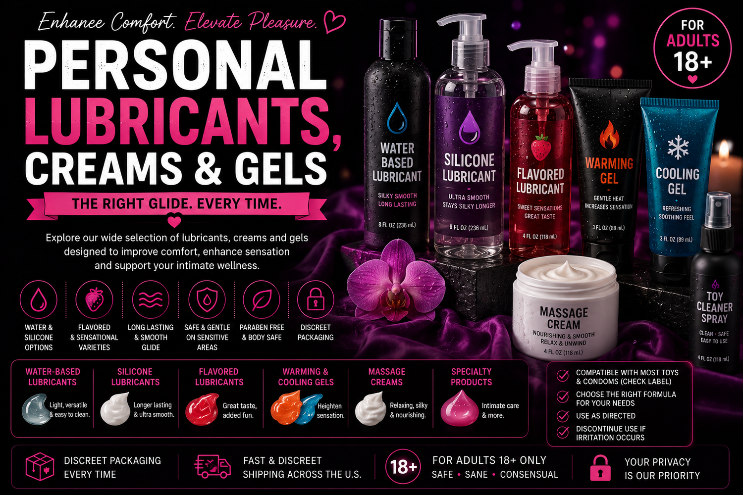 Personal lubricants, creams and gels featuring water-based, silicone, flavored, warming and specialty formulas.