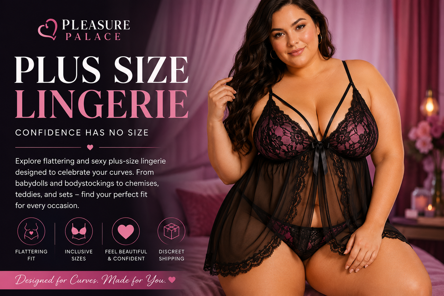 Model wearing stylish plus-size lingerie from the Pleasure Palace inclusive intimate apparel collection