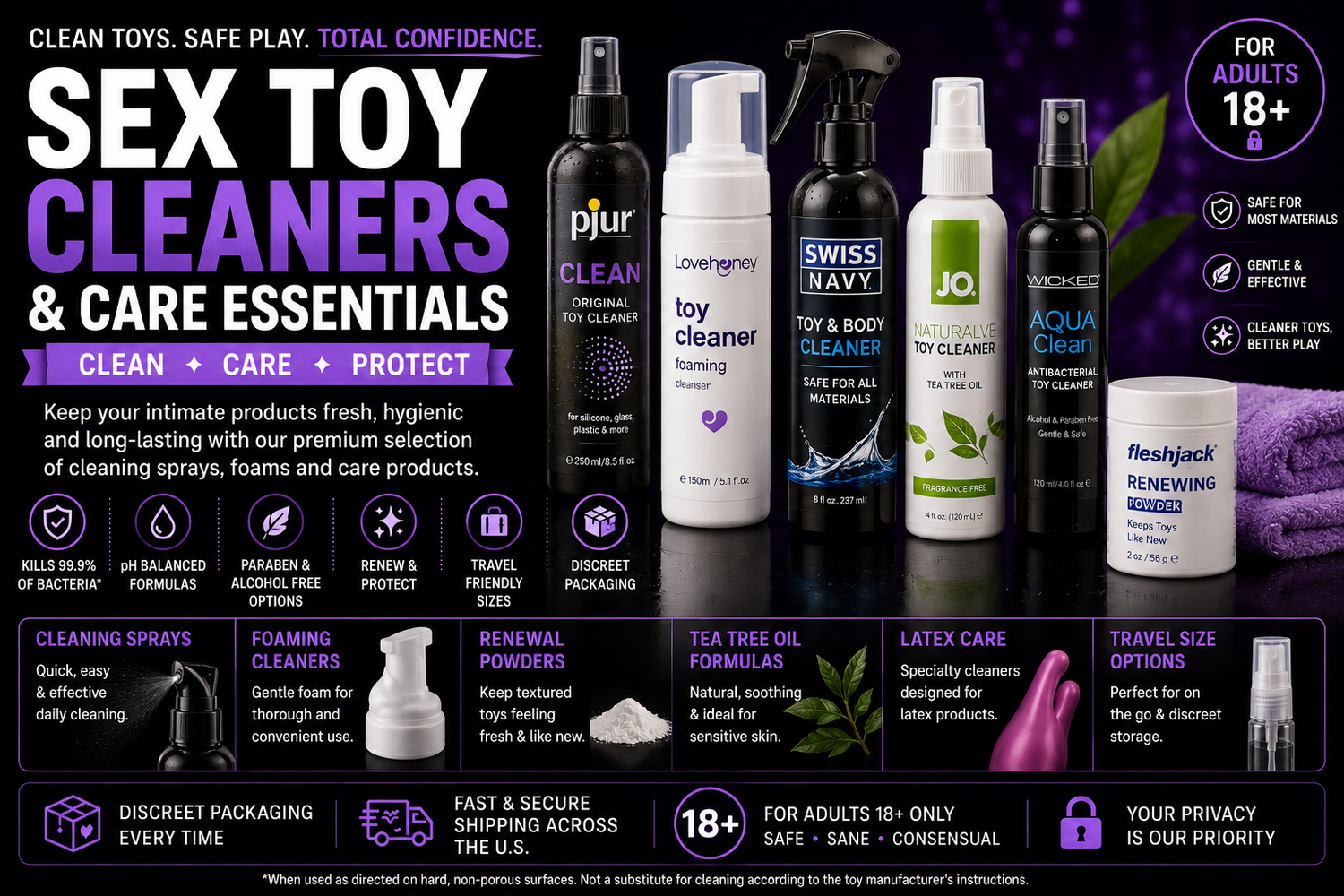 Sex toy cleaners and care essentials featuring cleaning sprays, foaming formulas, renewal powders and specialty care products.