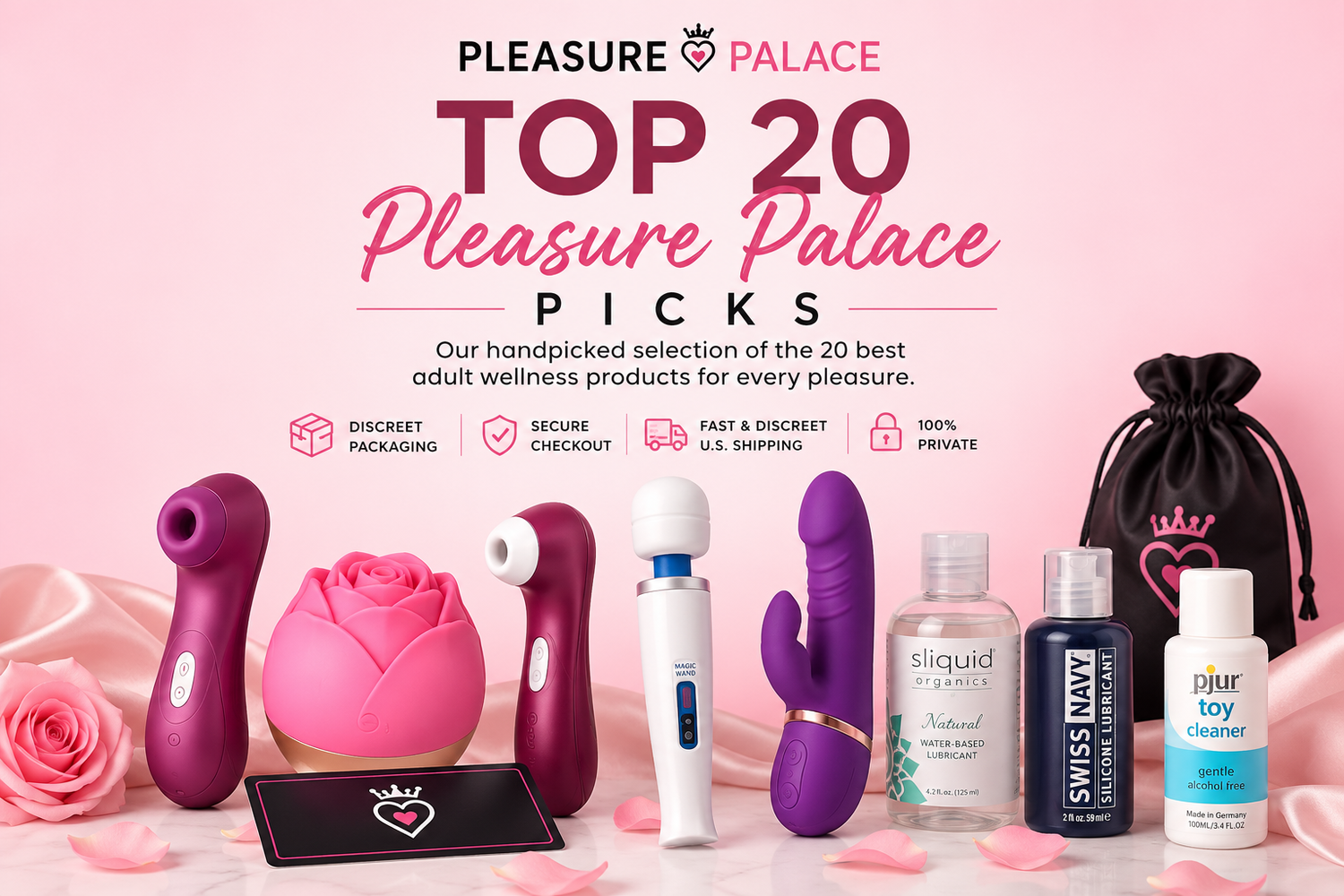 Top 20 Pleasure Palace adult wellness products featuring personal massagers, lubricants, toy cleaner, discreet packaging, and secure checkout.