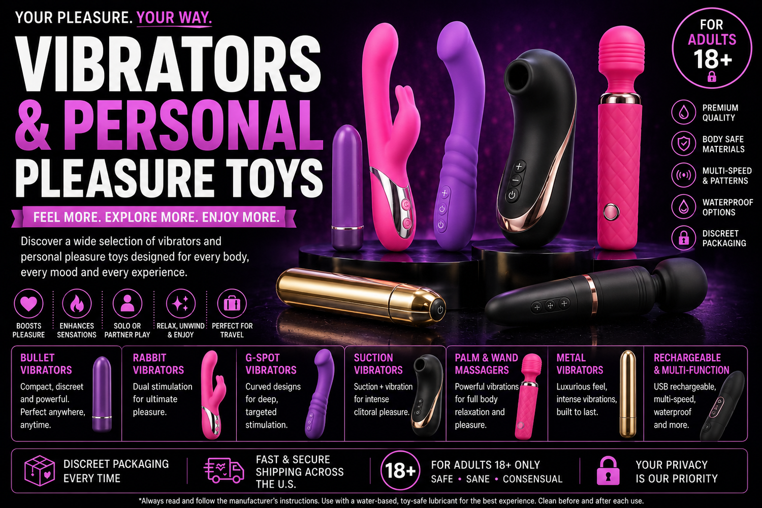Vibrators and personal pleasure toys featuring bullet, rabbit, G-spot, suction and rechargeable designs.