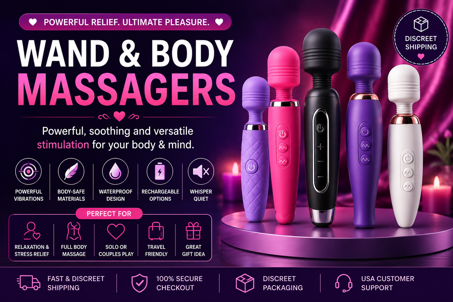 Wand and body massagers collection banner featuring pink, purple, black, and white rechargeable devices with powerful vibrations, waterproof design, quiet operation, and discreet shipping benefits.