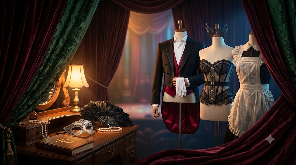 An elegantly draped theatrical dressing room displaying sophisticated costumes and masks.