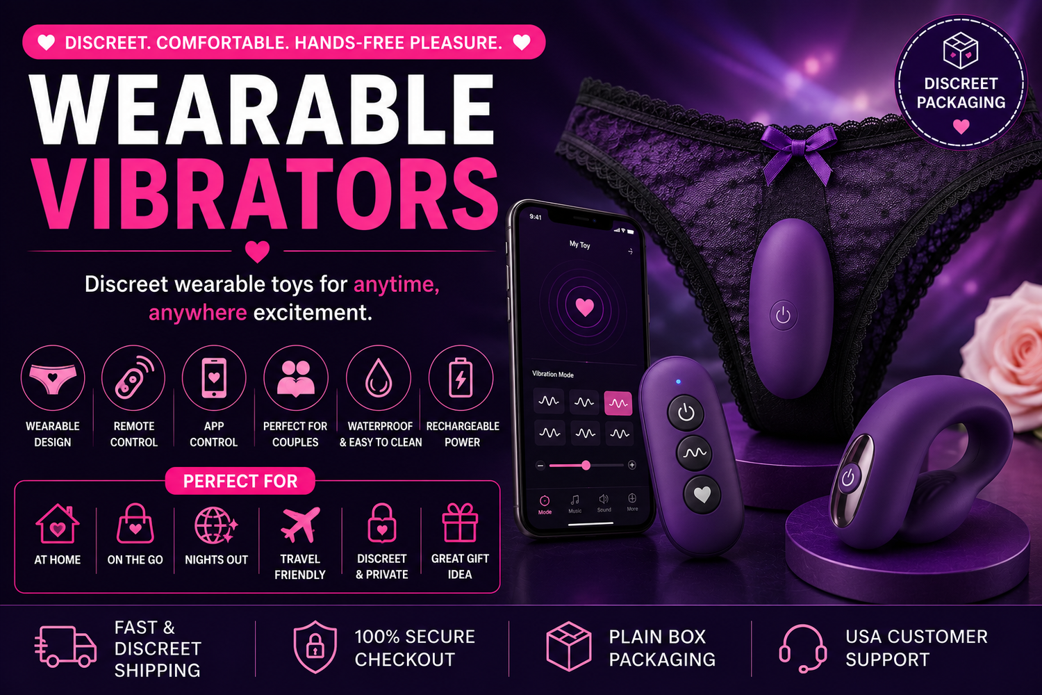 Wearable vibrators collection banner featuring purple app- and remote-controlled devices, discreet lingerie styling, rechargeable power, waterproof design, and plain packaging benefits.