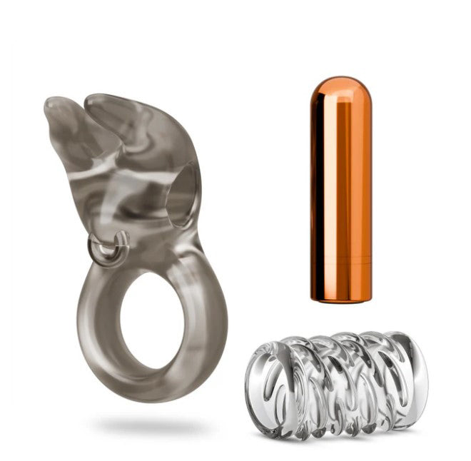 "Stay Hard Vibrating Cock Ring Set With Sleeve Textured Sheath BL-74209"