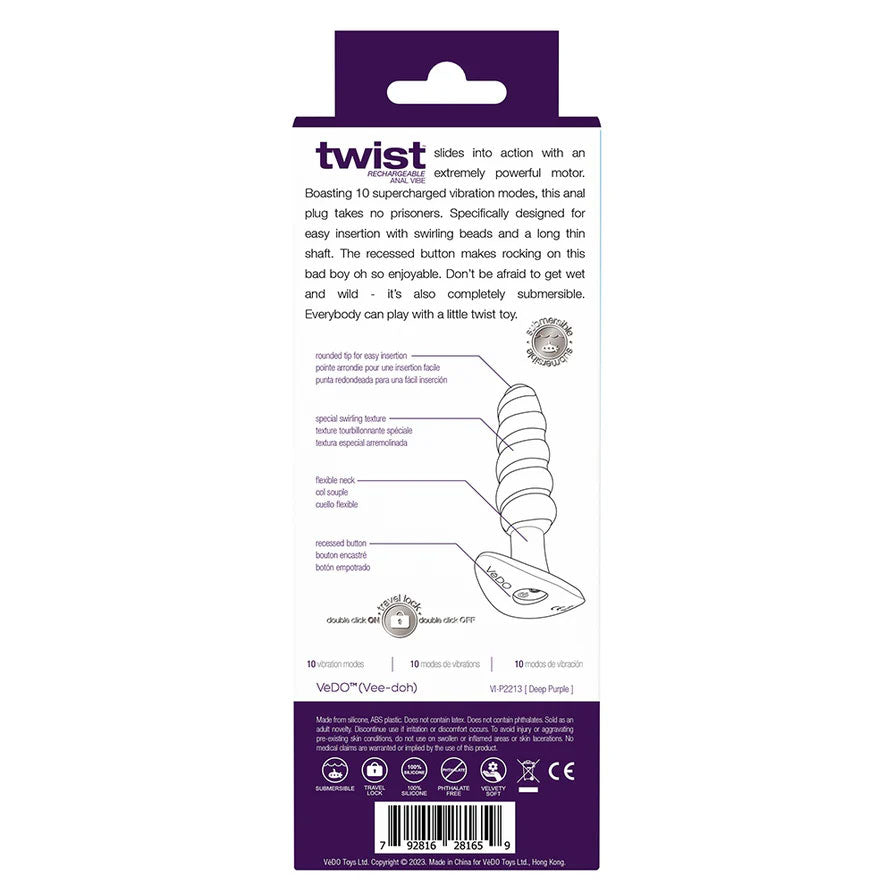 Twist Rechargeable Anal Vibe - Deep Purple